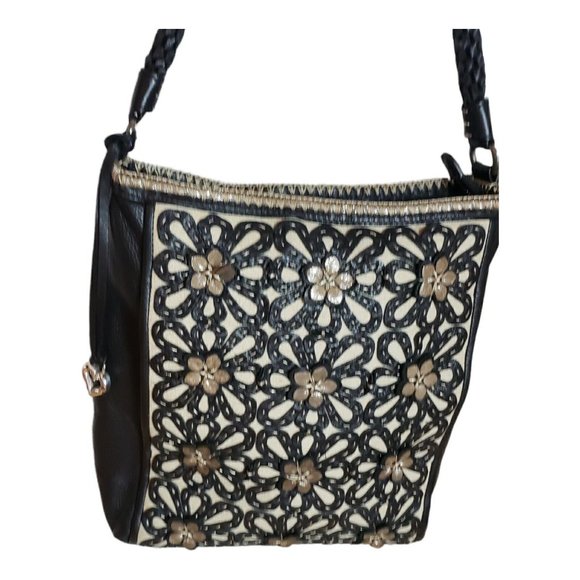 Brighton Black 3-D Floral Applique Weaved Handel Bucket Purse Bag - Picture 5 of 12